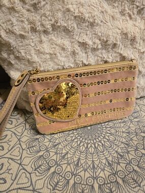 Juicy Couture Blush Pink Velvet Wristlet with Gold Sequin Heart